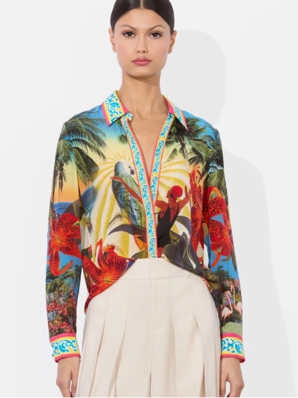 Alice and Olivia Willa Silk Tropical Blouse Medium